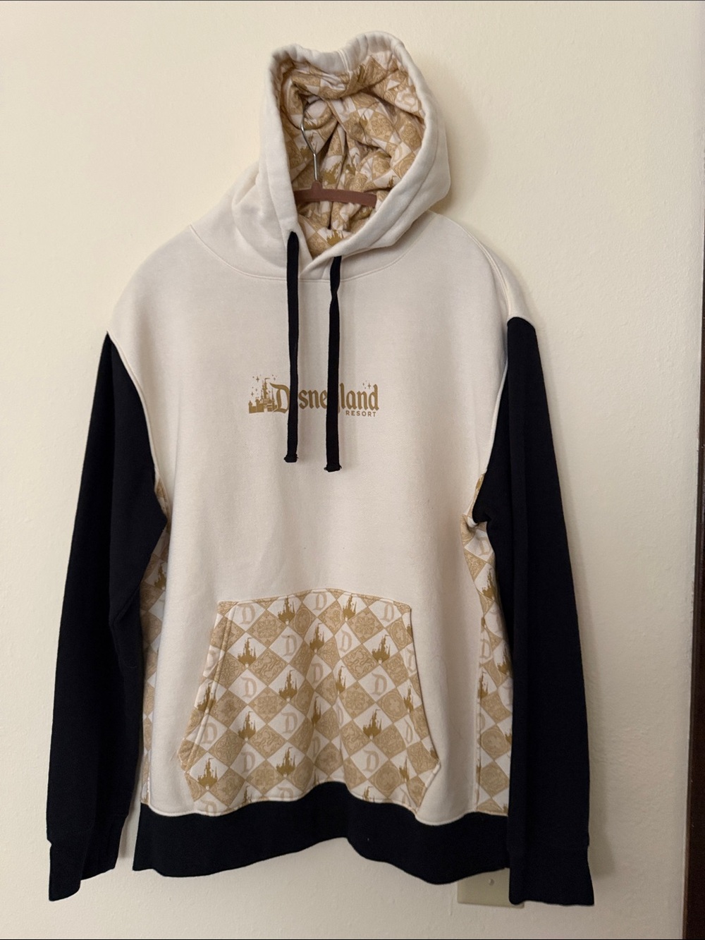 Disney Cream and Black Patterned Hoodie Sweatshirt